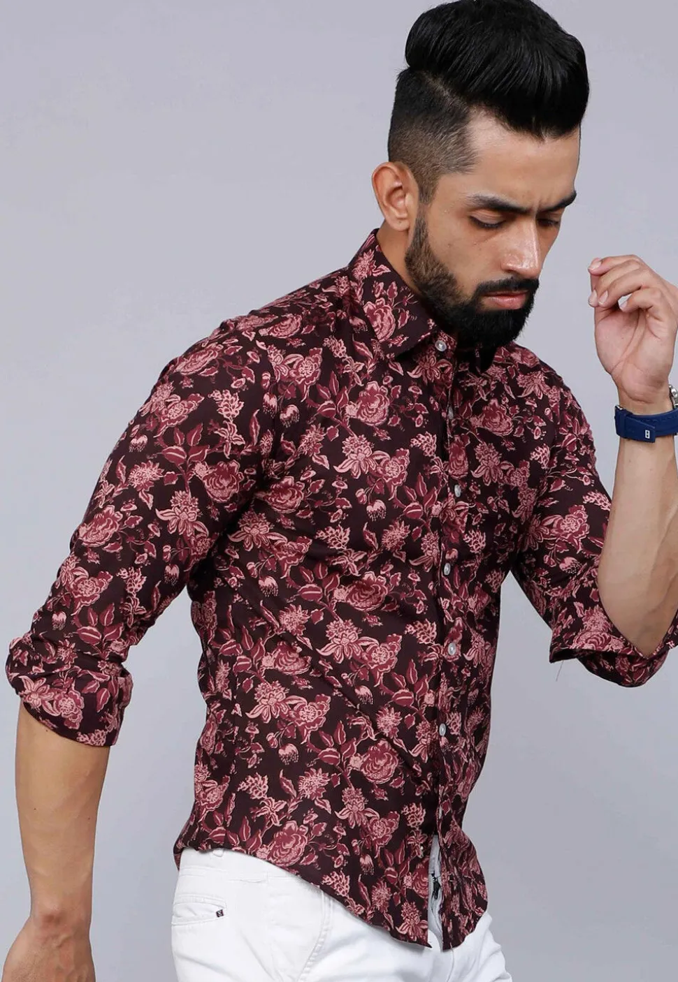 Printed Pure Cotton Shirt in Maroon