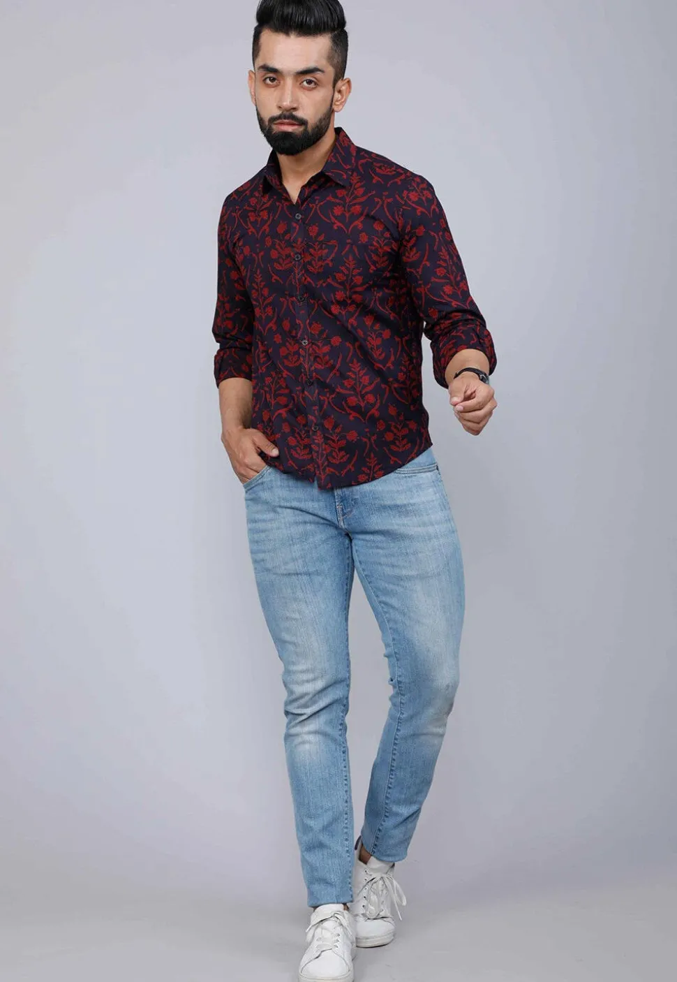 Printed Pure Cotton Shirt in Navy Blue