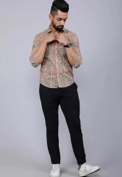 Printed Pure Cotton Shirt in Light Fawn