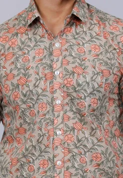 Printed Pure Cotton Shirt in Light Fawn