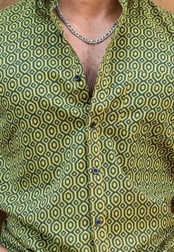 Printed Pure Cotton Shirt in Light Olive Green