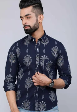 Printed Pure Cotton Shirt in Navy Blue