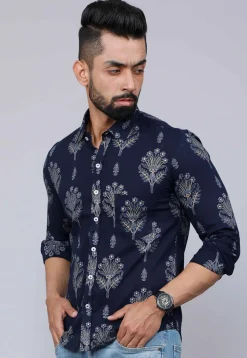 Printed Pure Cotton Shirt in Navy Blue