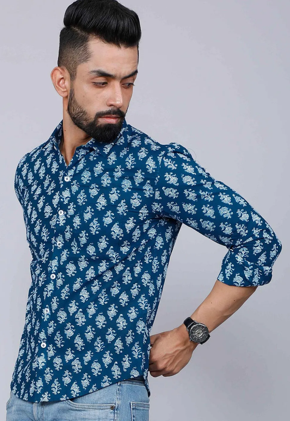 Printed Pure Cotton Shirt in Blue