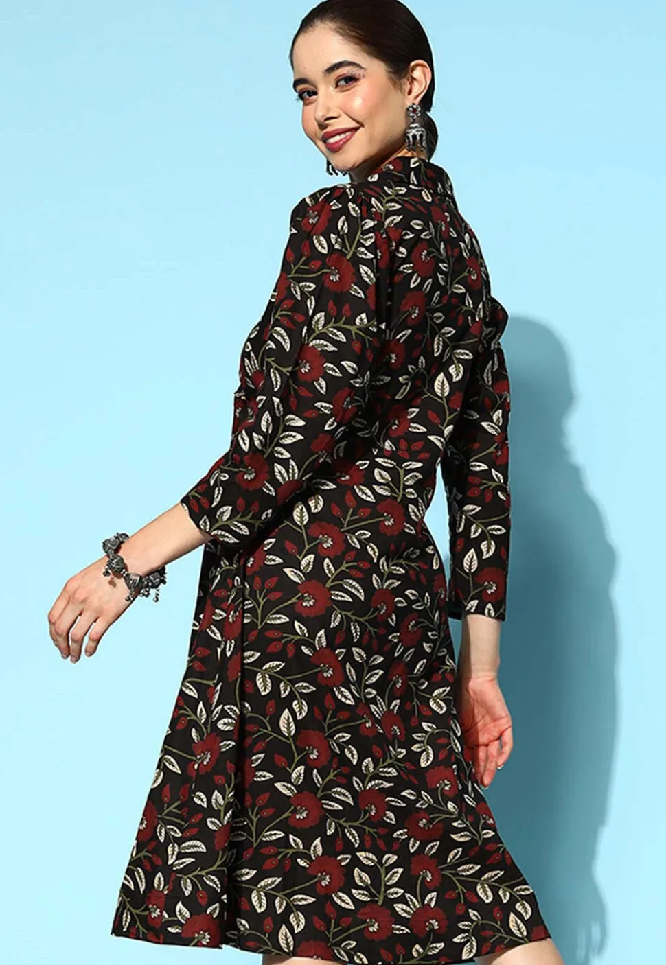 Printed Pure Cotton Shirt Dress in Black