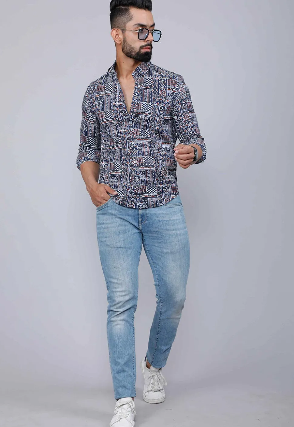 Printed Pure Cotton Shirt in Navy Blue