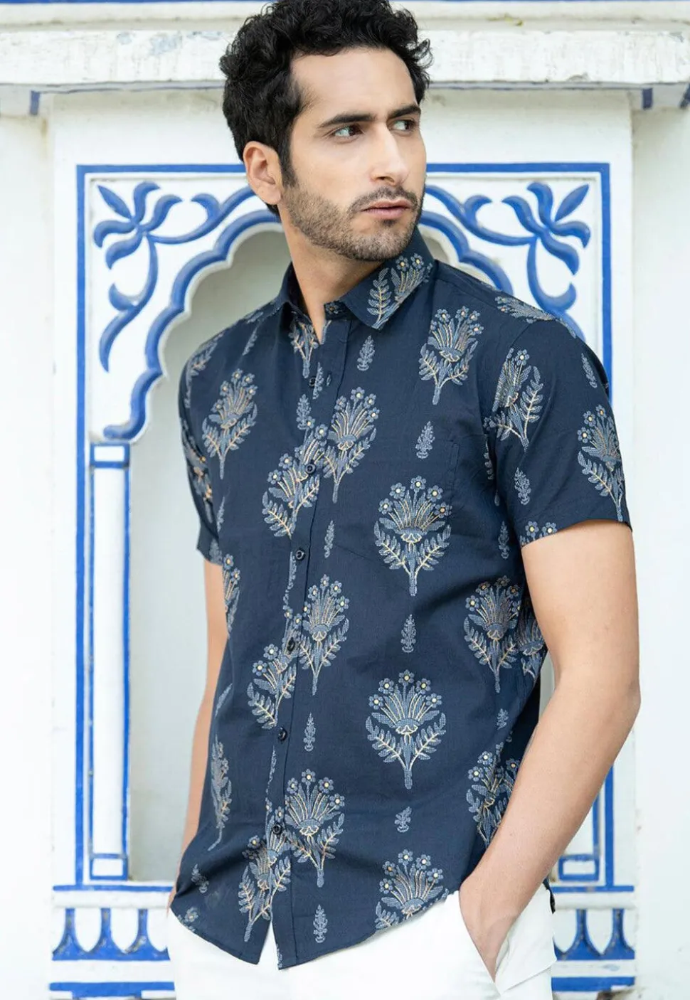 Printed Pure Cotton Shirt in Navy Blue