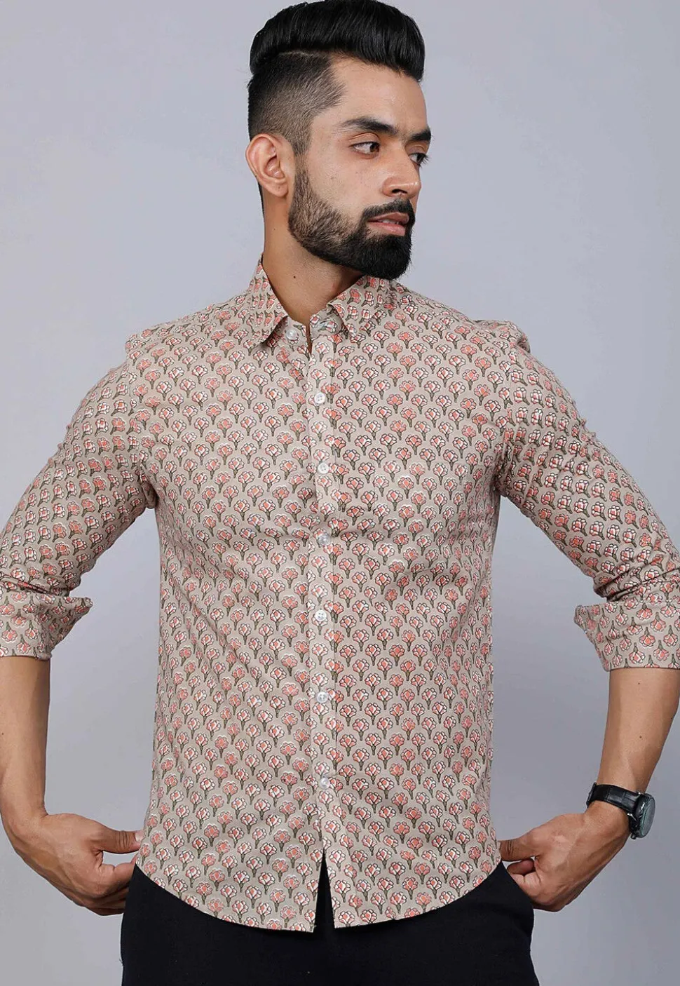 Printed Pure Cotton Shirt in Light Fawn