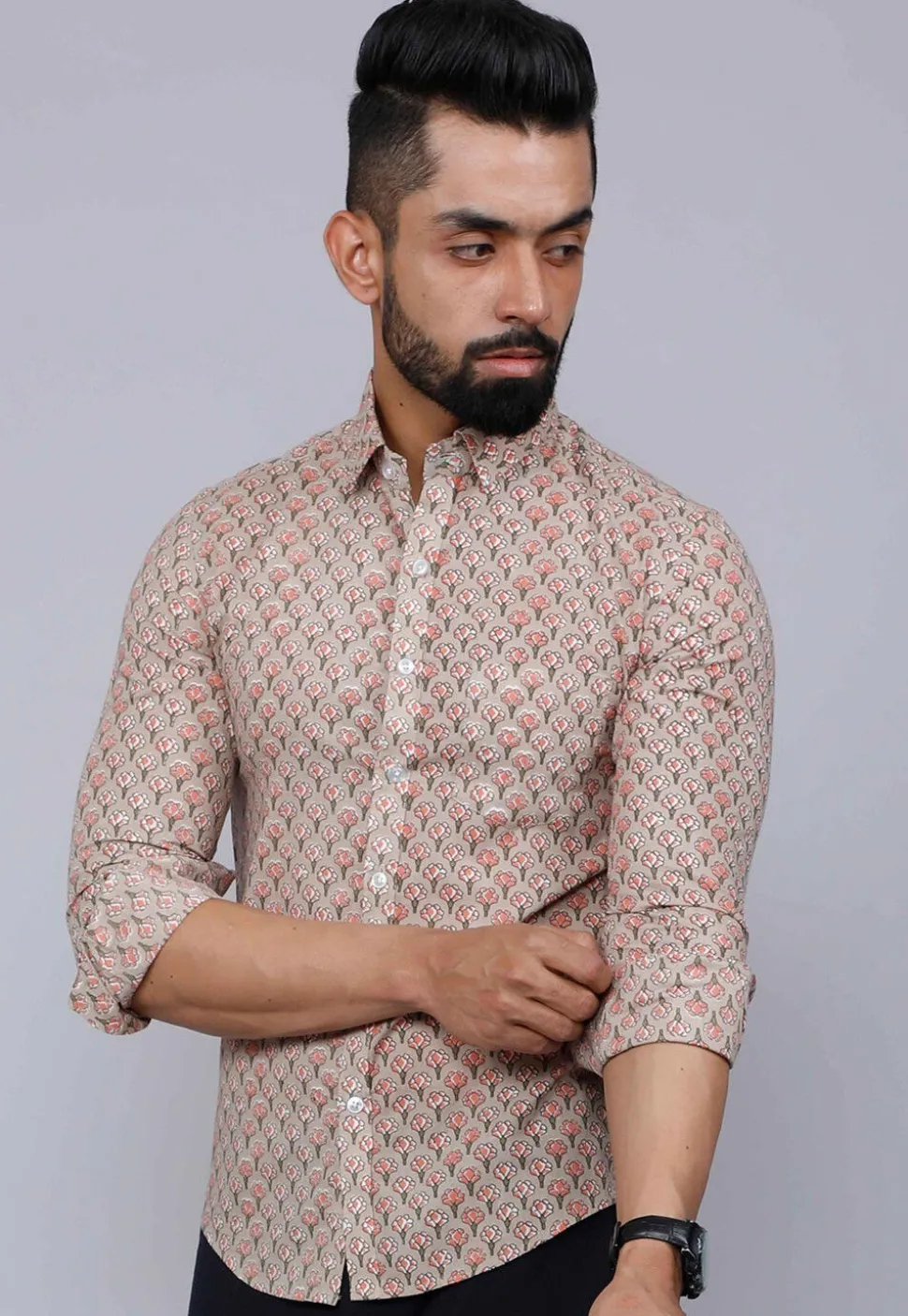 Printed Pure Cotton Shirt in Light Fawn