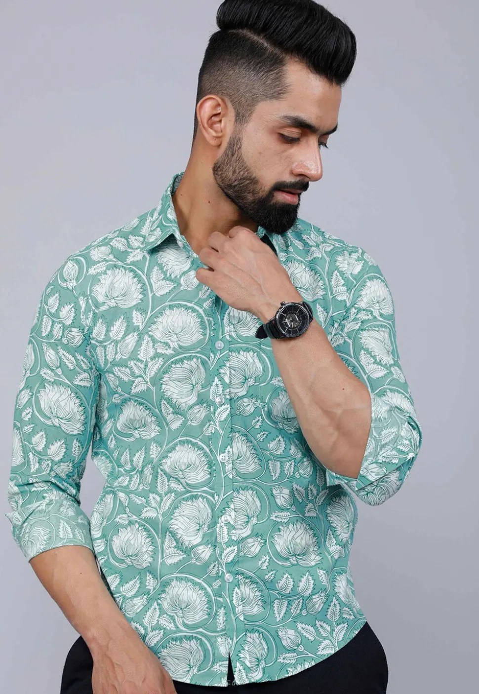 Printed Pure Cotton Shirt in Sea Green