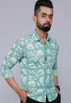 Printed Pure Cotton Shirt in Sea Green