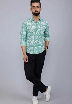 Printed Pure Cotton Shirt in Sea Green