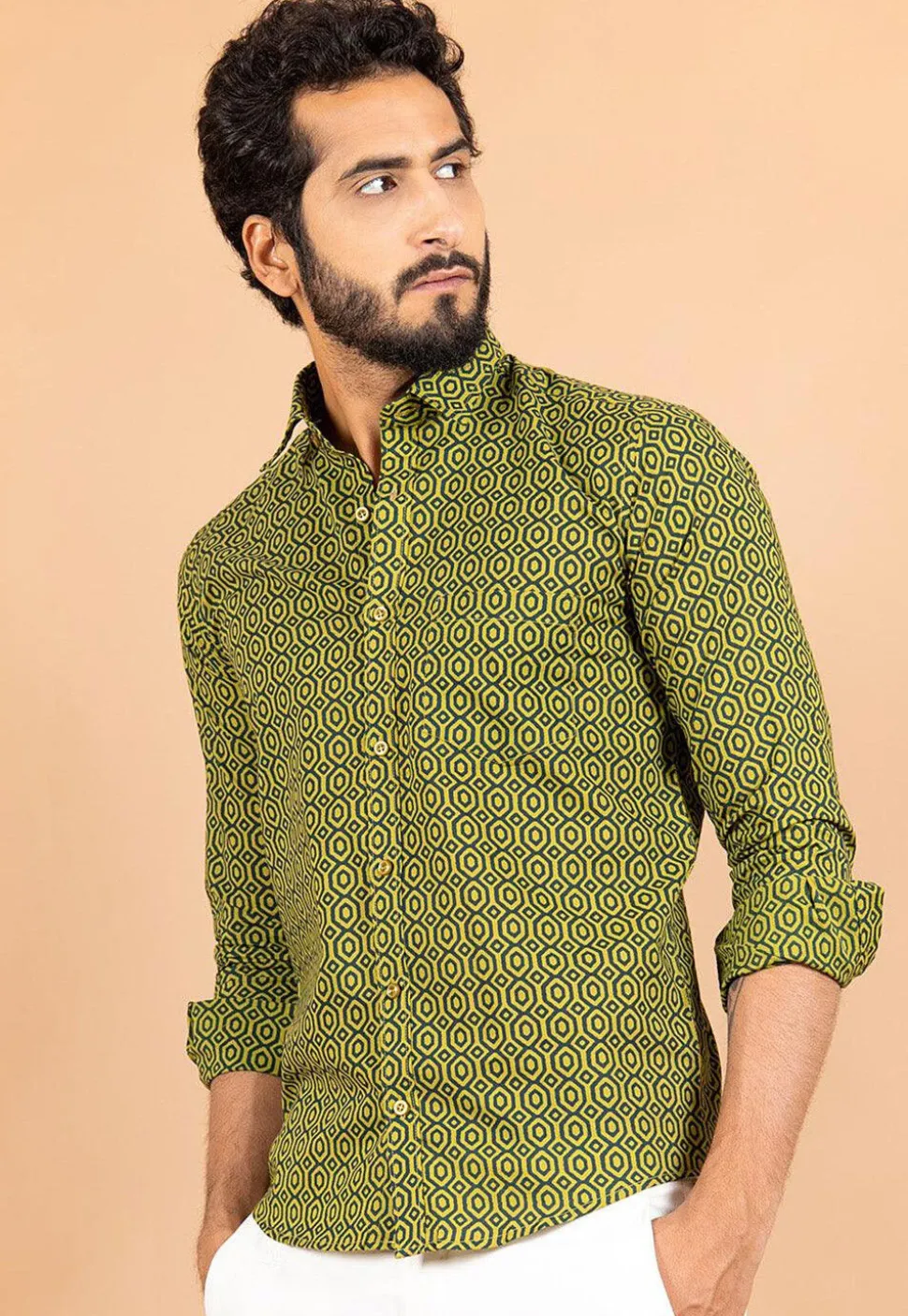 Printed Pure Cotton Shirt in Light Olive Green