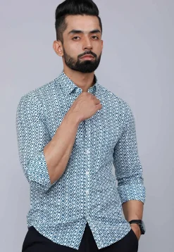 Printed Pure Cotton Shirt in White and Blue