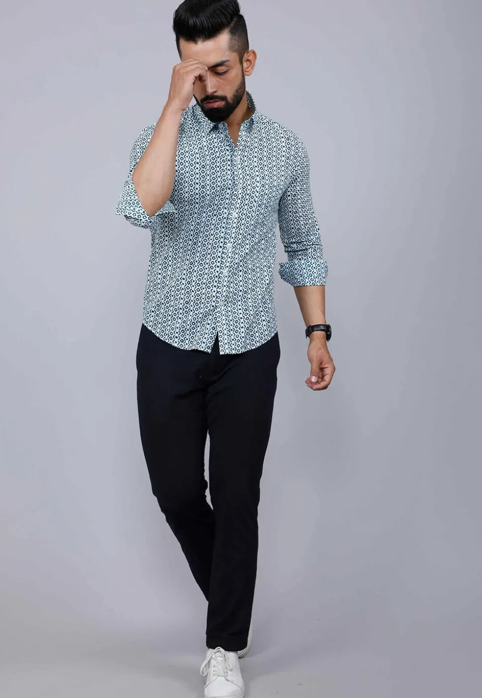 Printed Pure Cotton Shirt in White and Blue
