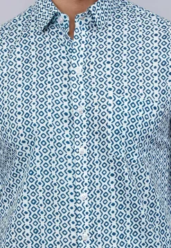Printed Pure Cotton Shirt in White and Blue