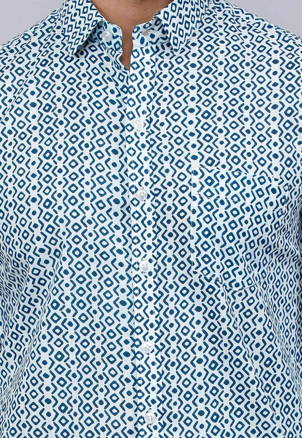 Printed Pure Cotton Shirt in White and Blue