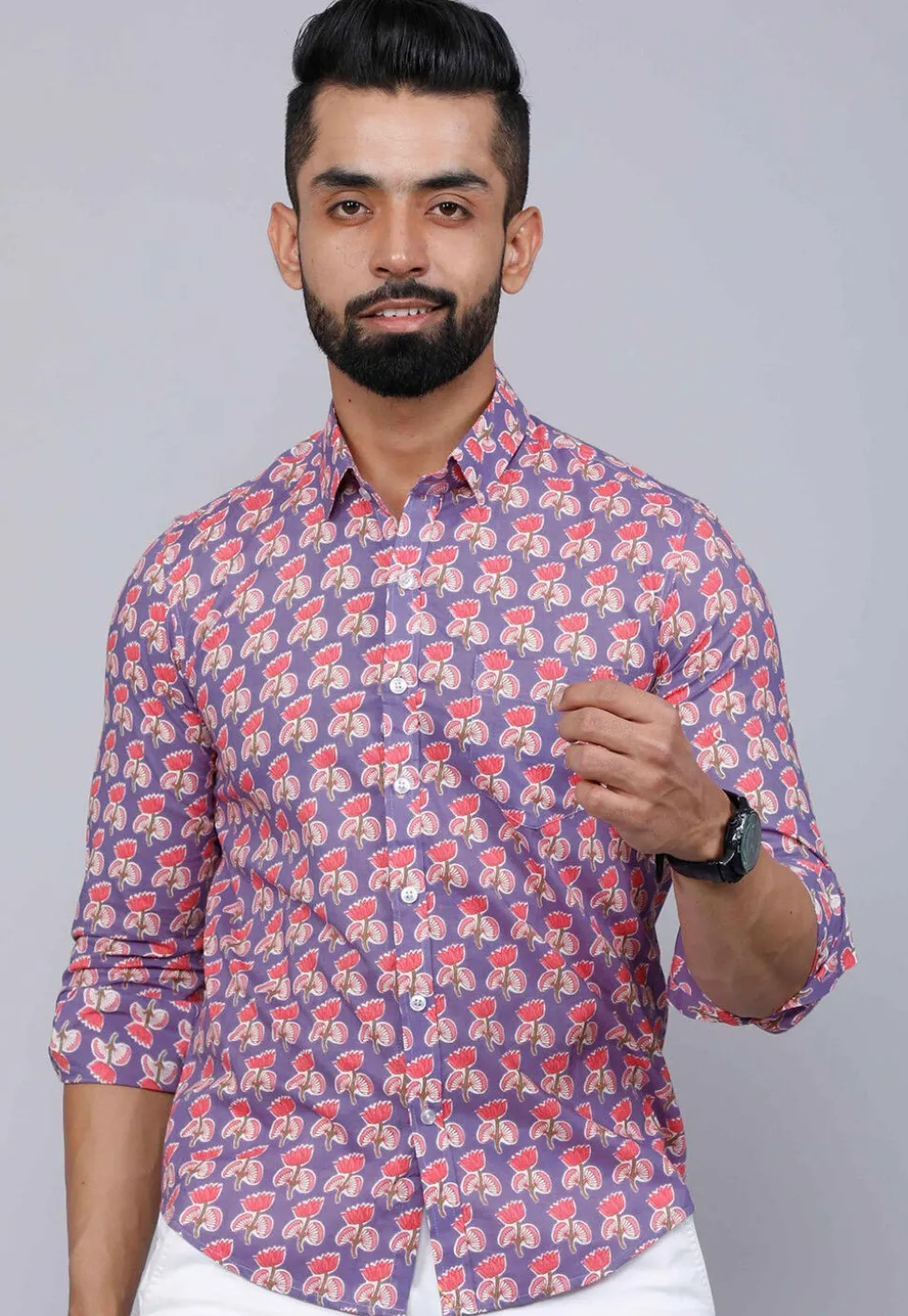 Printed Pure Cotton Shirt in Light Purple