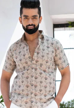 Printed Pure Cotton Shirt in Light Fawn