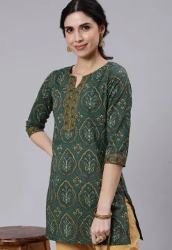 Printed Pure Cotton Short Kurti in Teal Green