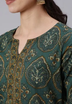 Printed Pure Cotton Short Kurti in Teal Green