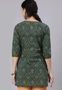Printed Pure Cotton Short Kurti in Teal Green