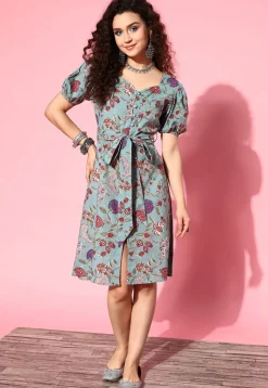 Printed Pure Cotton Short Dress with Belt in Grey