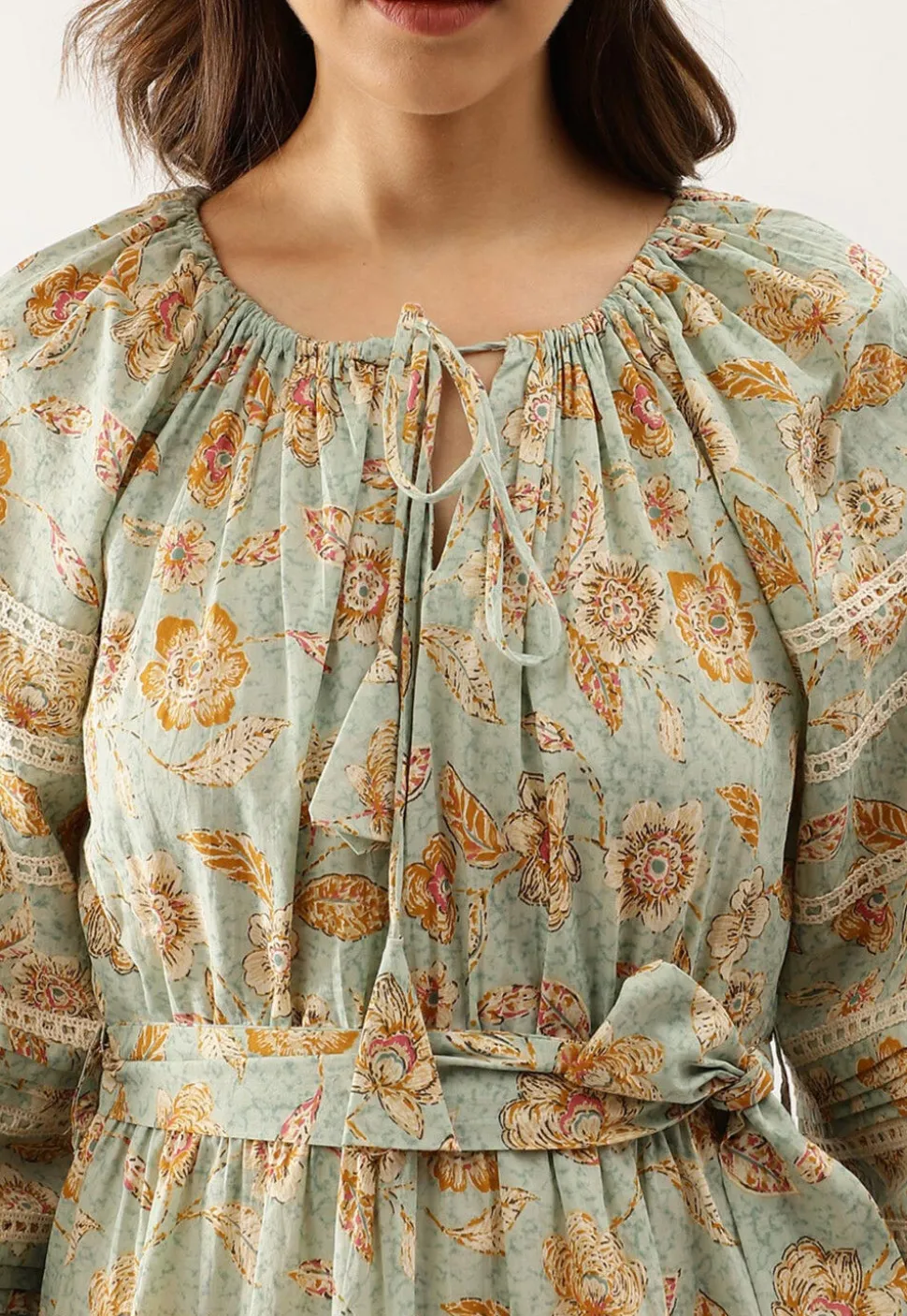Printed Pure Cotton Short Dress in Dusty Blue