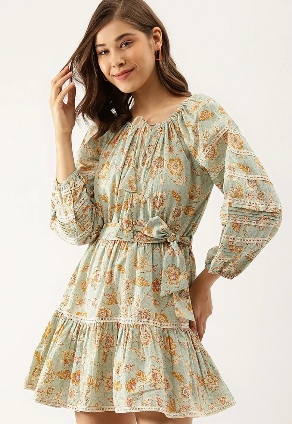 Printed Pure Cotton Short Dress in Dusty Blue