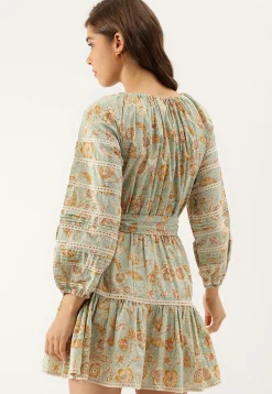 Printed Pure Cotton Short Dress in Dusty Blue