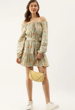 Printed Pure Cotton Short Dress in Dusty Blue