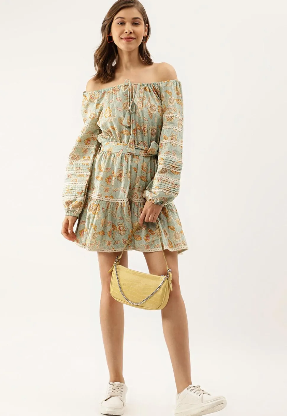 Printed Pure Cotton Short Dress in Dusty Blue