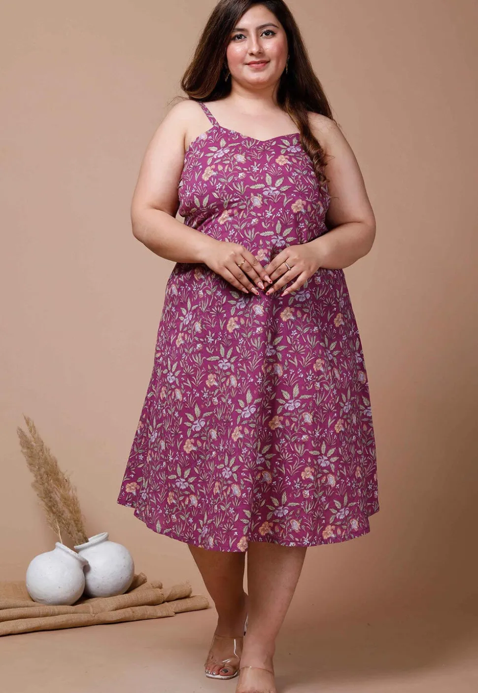 Printed Pure Cotton Short Dress in Purple