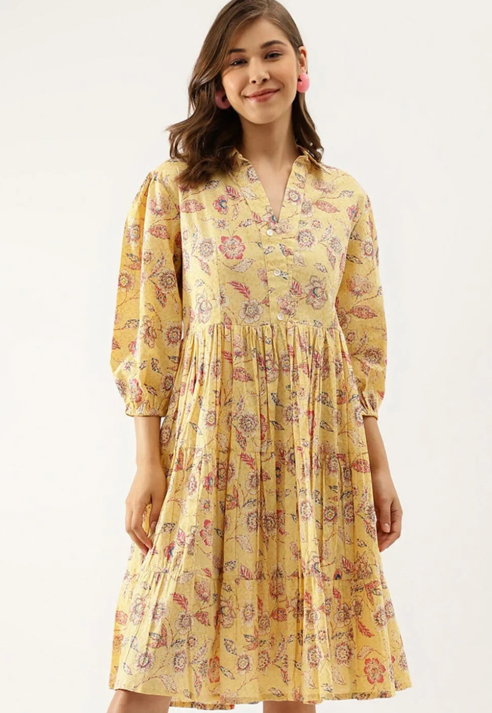 Printed Pure Cotton Short Dress in Light Yellow