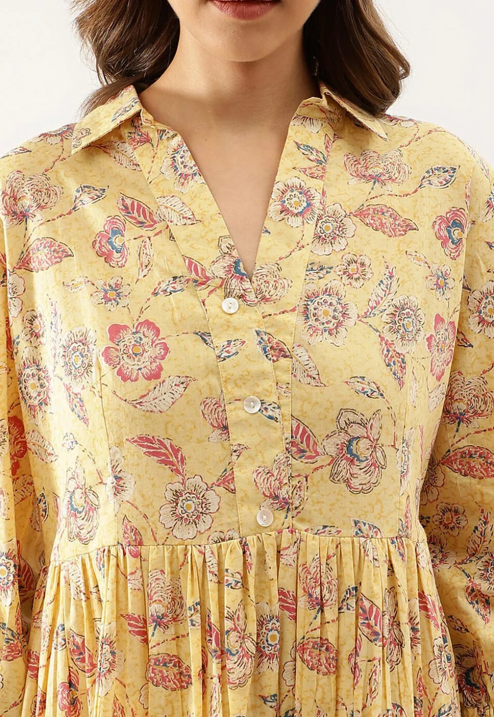 Printed Pure Cotton Short Dress in Light Yellow