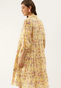 Printed Pure Cotton Short Dress in Light Yellow