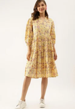 Printed Pure Cotton Short Dress in Light Yellow