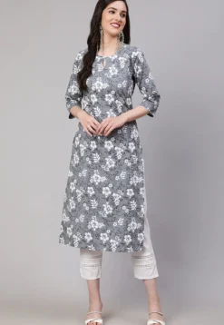 Printed Pure Cotton Straight Kurta in Grey