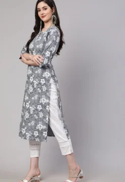 Printed Pure Cotton Straight Kurta in Grey