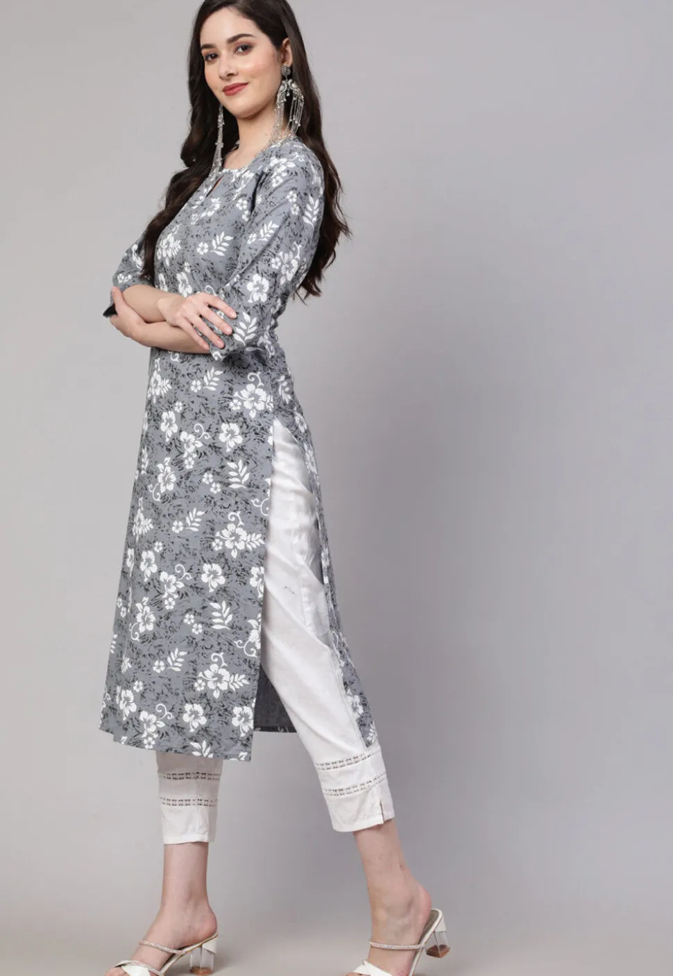 Printed Pure Cotton Straight Kurta in Grey