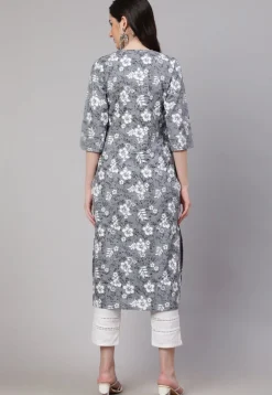Printed Pure Cotton Straight Kurta in Grey
