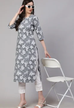 Printed Pure Cotton Straight Kurta in Grey