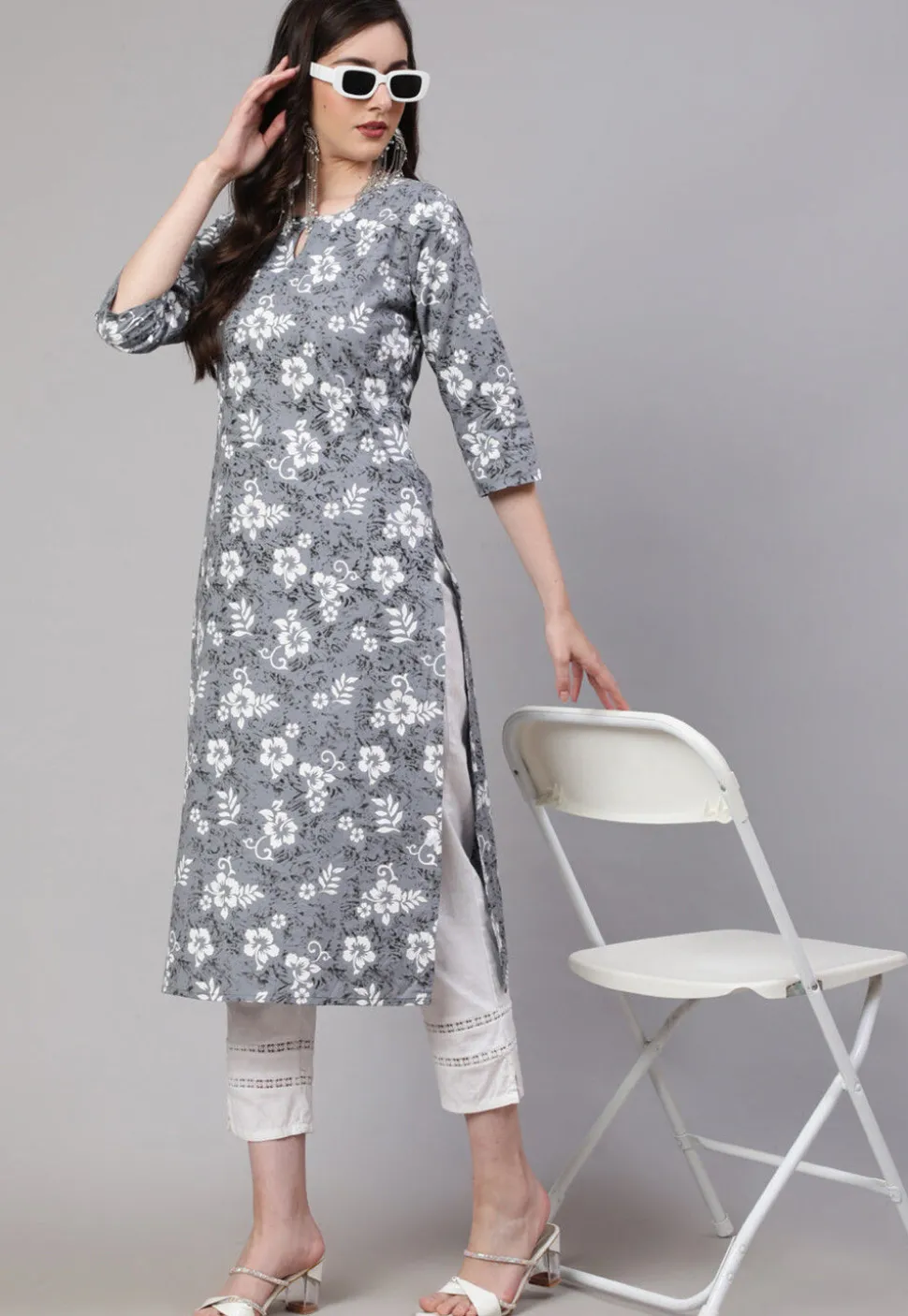 Printed Pure Cotton Straight Kurta in Grey