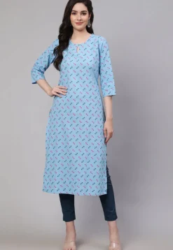 Printed Pure Cotton Straight Kurta in Light Blue