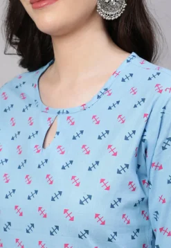 Printed Pure Cotton Straight Kurta in Light Blue