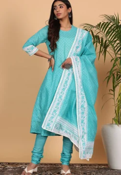 Printed Pure Cotton Straight Suit in Blue