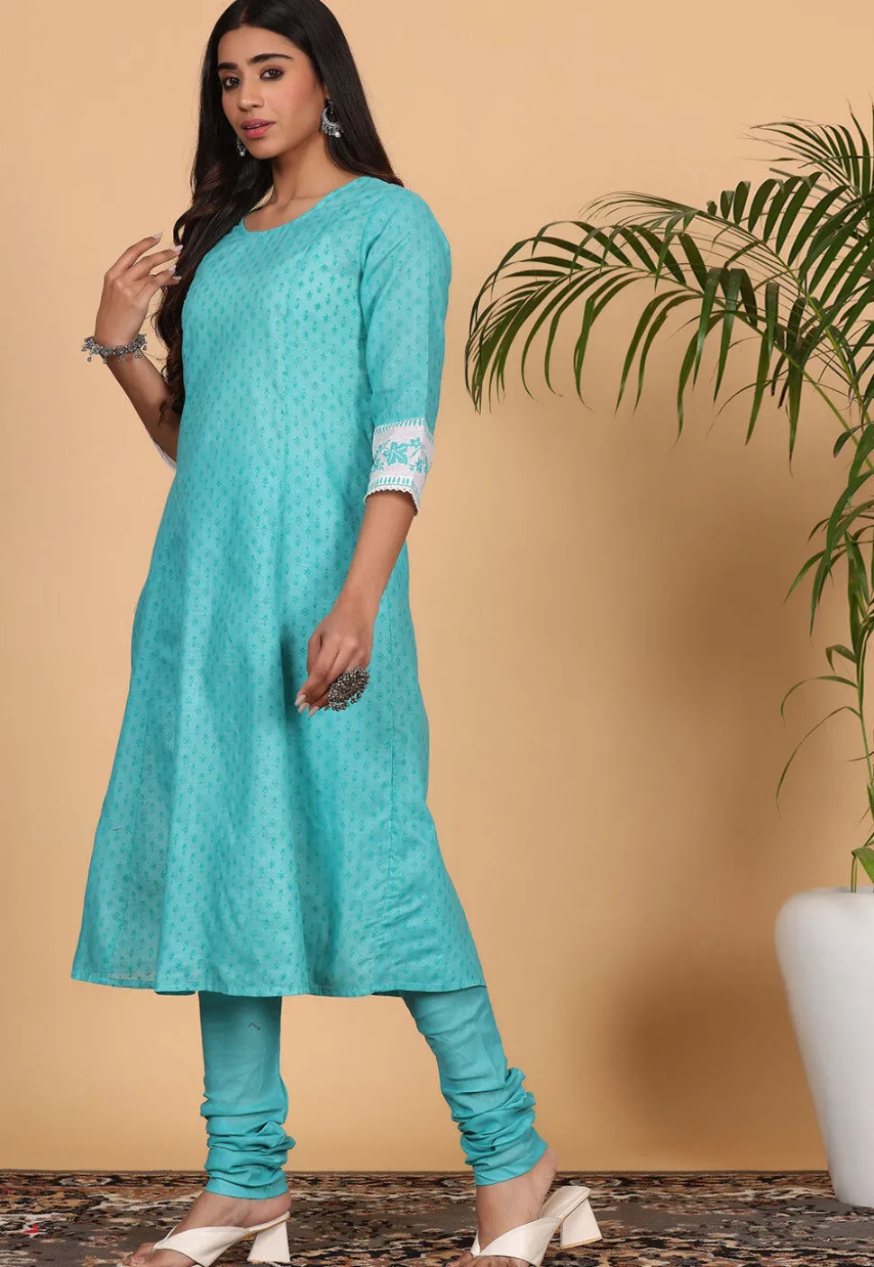Printed Pure Cotton Straight Suit in Blue