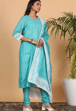 Printed Pure Cotton Straight Suit in Blue