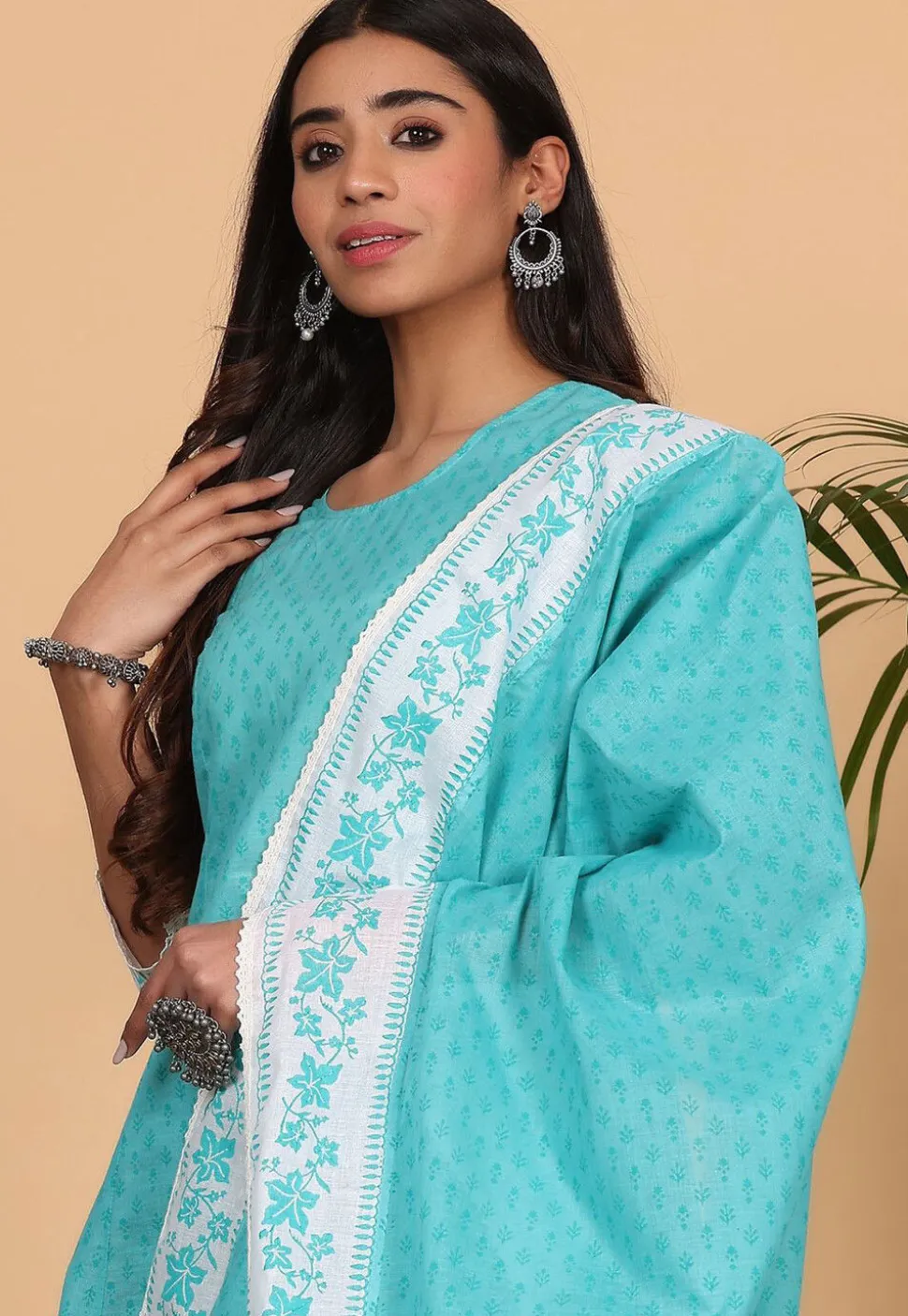 Printed Pure Cotton Straight Suit in Blue