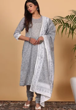 Printed Pure Cotton Straight Suit in Grey